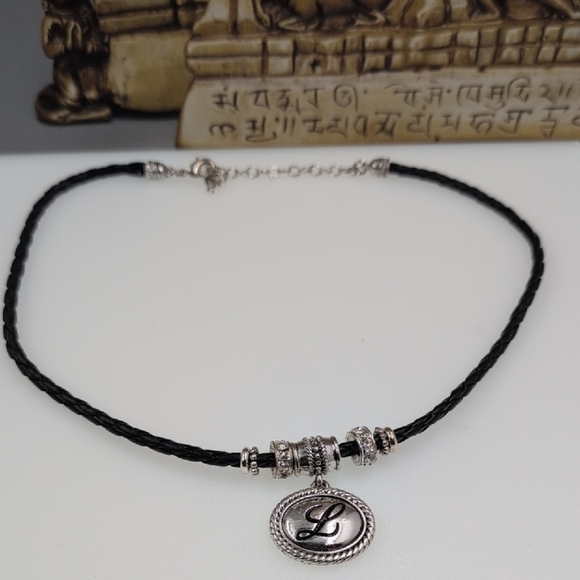 Napier Black and Silver Choker Necklace with Initial L Pendant - Picture 1 of 6